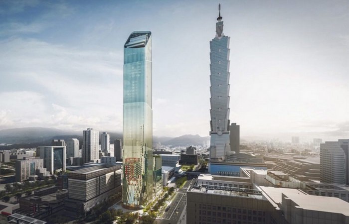 Бамбуковый небоскреб «Taipei Sky Tower» рядом с «Тайбэй 101».