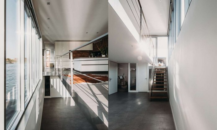 Студия, лестница и кухня плавучего дома «Houseboat Haarlem Shuffle».