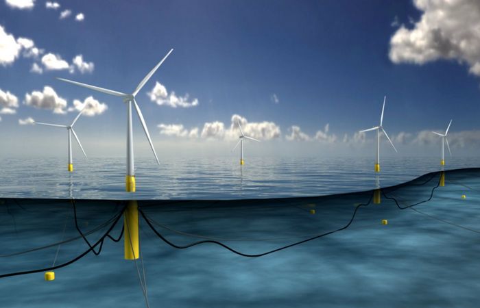 Принцип крепления ветряной фермы «Hywind Scotland». Принцип крепления ветряной фермы «Hywind Scotland».